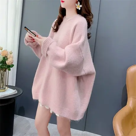 软糯复古宽松慵懒风大版圆领毛衣女秋冬新款韩版百搭长袖打底上衣图片