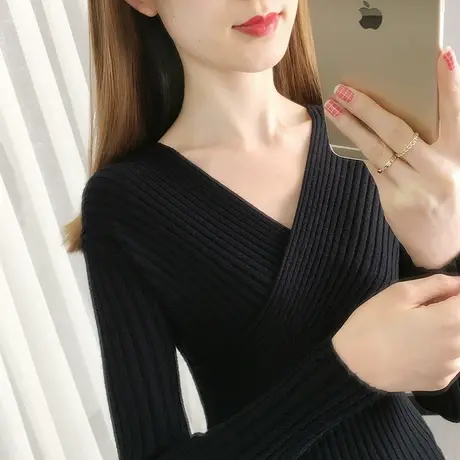 黑色打底衫女2023年新款薄款毛衣内搭长袖v领上衣修身秋季针织衫商品大图