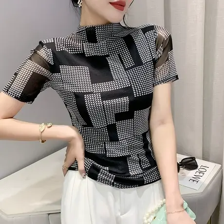 网纱T恤女短袖欧货2024年新款时尚印花打底小衫别致半高领上衣潮商品大图