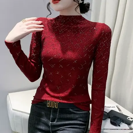 半高领打底衫女内搭秋冬闪亮丝烫钻加绒上衣修身显瘦气质长袖T恤商品大图