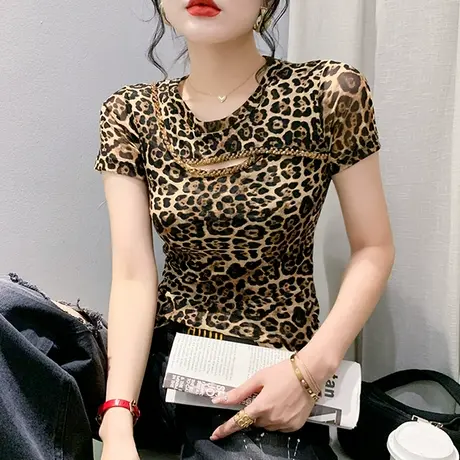 欧货豹纹T恤女短袖2024夏装新款性感镂空网纱上衣钉珠气质小衫ins商品大图