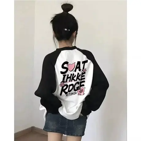 美式复古长袖t恤女秋冬款设计感oversize慵懒风插肩袖打底衫上衣商品大图