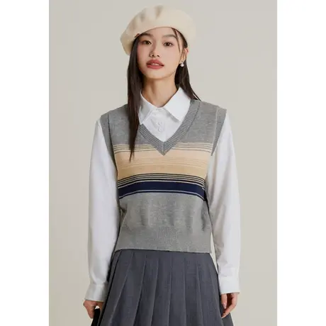 弥古撞色条纹针织毛衣学院风马甲女春秋修身内搭叠穿v领背心外穿商品大图