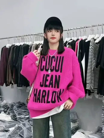 高级感炸街慵懒风圆领字母套头毛衣女宽松嘻哈针织衫大版显瘦毛衫商品大图