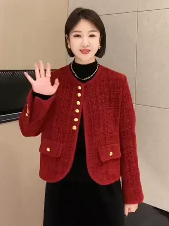 2023秋季新款小香风外套女短款高奢金扣法式高级感纯色圆领上衣潮商品大图