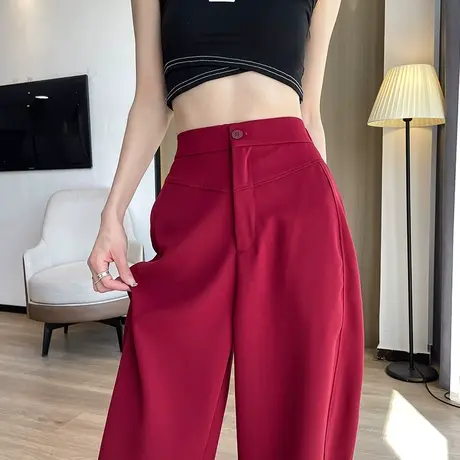酒红色休闲西装裤女弯刀裤垂感春秋大码休闲香蕉裤显瘦窄版阔腿裤图片