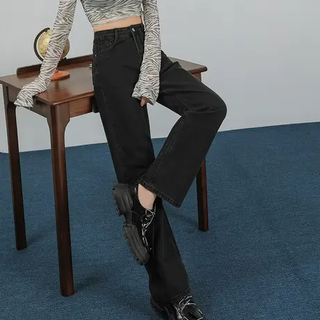 黑灰色高腰阔腿牛仔裤女2023新款秋季女裤春秋显瘦裤子烟筒直筒裤图片