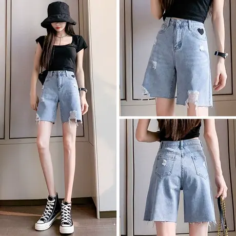 破洞牛仔短裤女2023年春夏季新款高腰黑色宽松爱心美式直筒五分裤商品大图