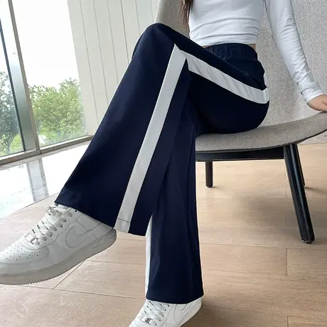 撞色条纹微喇裤女春秋新款高腰修身显瘦松紧腰喇叭休闲运动长裤子商品大图