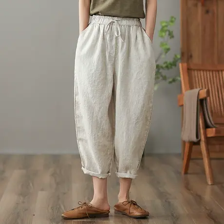 dza 高腰显瘦亚麻休闲裤女2023夏季九分直筒哈伦裤宽松百搭棉麻裤图片