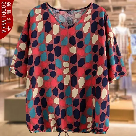 40-50岁中年妈妈夏装棉麻上衣200斤大码宽松时尚洋气V领短袖T恤女商品大图