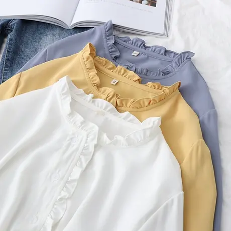 日系文艺长袖衬衫女雪纺衫木耳花边立领衬衣2021春季新品打底上衣图片