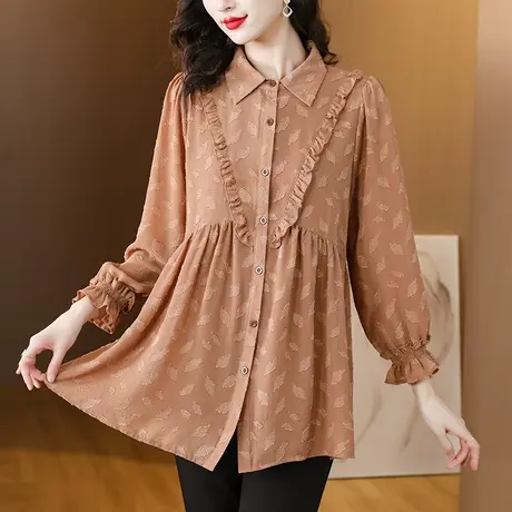 长袖衬衫女春秋新款加肥加大码女装宽松中长款洋气遮肚子休闲衬衣图片