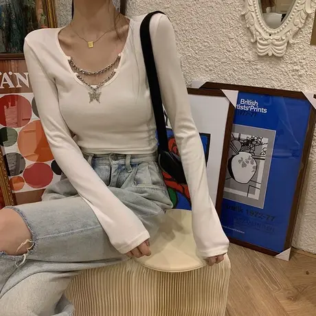 高腰短款甜酷上衣2024早春新款女装百搭修身打底衫设计感长袖内搭图片