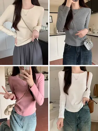 早秋多巴胺显瘦软糯弹力修身型打底衫女秋冬圆领保暖衣T恤上衣图片