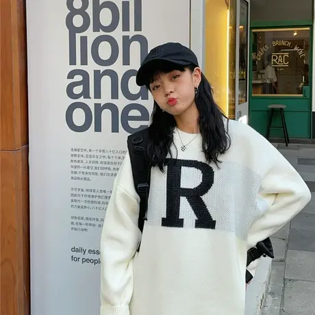 红续日系复古慵懒风毛衣女春装设计感小众2023新款套头宽松针织衫图片