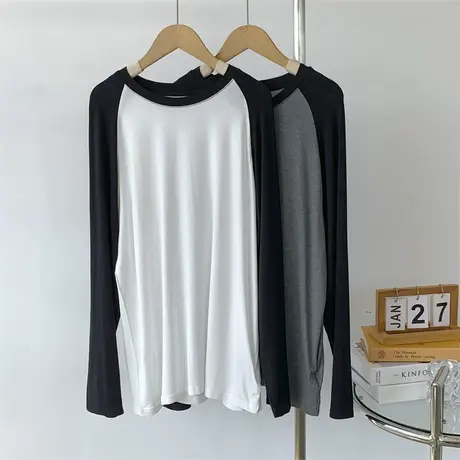 莫代尔插肩长袖圆领T恤女垂感宽松休闲中长款慵懒风上衣舞蹈服女图片