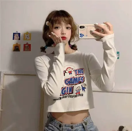 白色长袖t恤女2023年新款春秋内搭高腰薄款短款设计感外穿上衣潮商品大图