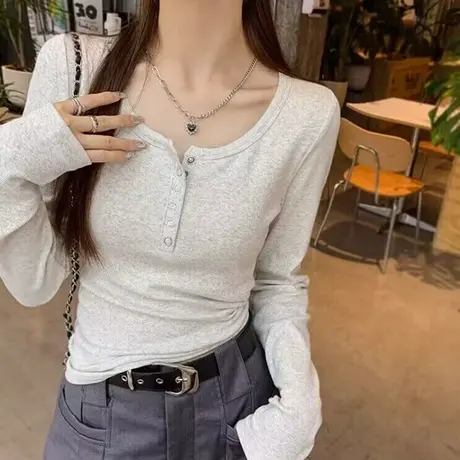 洋气减龄长袖T恤女初秋百搭修身显瘦韩版内搭打底衫上衣体恤潮ins商品大图
