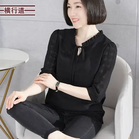 木耳边蝴蝶结褶皱雪纺宽松中袖上衣2025新款纯色七分袖女上衣T恤商品大图