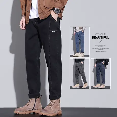 男士秋季高级感拼接潮牌日系工装春秋款男生新塘水洗休闲牛仔裤子图片