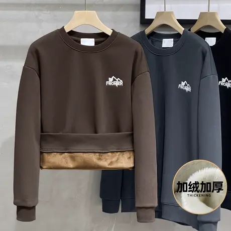 刺绣加绒加厚针织长T圆领卫衣男2023秋冬季新款保暖宽松套头上衣商品大图