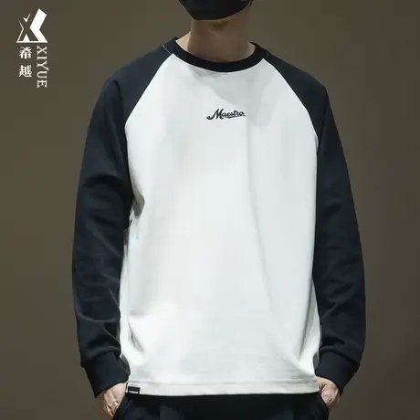 春秋拼接撞色长袖T恤男300g重磅内搭男生打底衫秋季宽松大码上衣商品大图