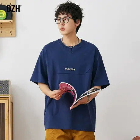 男士藏青色纯棉t恤潮牌短袖美式高街半袖男夏季情侣装衣服体恤衫商品大图