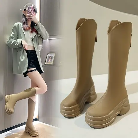 增高显瘦长筒靴女2023新款时尚复古棕色长靴秋冬季加绒厚底骑士靴图片