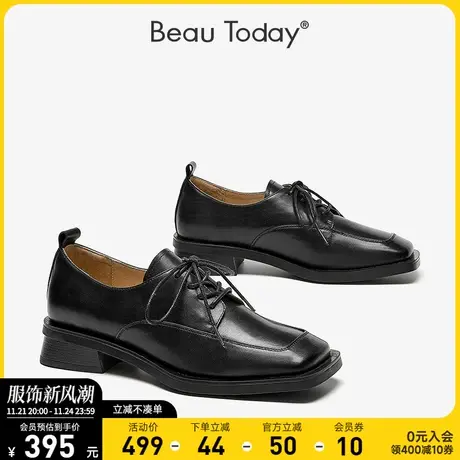 BeauToday英伦风小皮鞋女黑色新款设计师单鞋真皮系带平底鞋BT商品大图