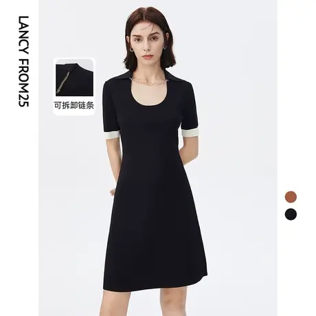 朗姿法式休闲黑色针织连衣裙女夏新款气质收腰显瘦小黑裙奥莱商品大图