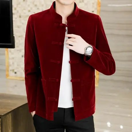 中国风盘扣西装外套男士春秋季潮流中山装夹克立领唐装双开叉西服商品大图