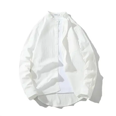 衬衫男长袖圆领亚麻休闲文艺男装大码棉麻上衣修身立领白色衬衣男商品大图