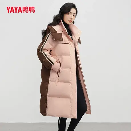 鸭鸭长款羽绒服女2023冬季新品宽松可脱帽显瘦拼色外套J图片