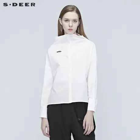 sdeer圣迪奥秋季女装高领撞色印花长袖白色衬衫S20380518图片