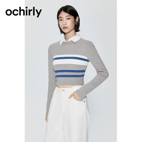 【品牌甄选】欧时力 撞条纹短款针织衫23新款秋装打底修身运动风商品大图