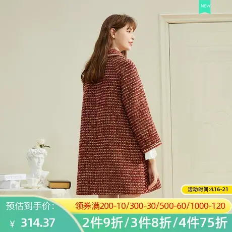秋水伊人2022秋冬新款气质小香风时尚条纹中长款毛呢大衣女2A396图片