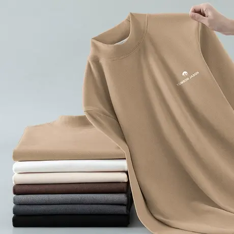 双面德绒t恤男长袖潮牌印花半高领内搭打底衫秋冬保暖中领秋衣服商品大图