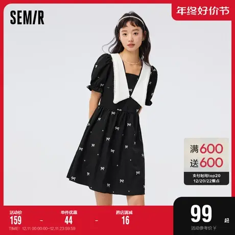 森马连衣裙女撞色大翻领泡泡袖甜美温柔秋蝴蝶结绣花小黑裙少女感图片