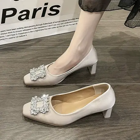 法式高跟鞋女2024年新款浅口水钻配裙子单鞋高级感粗跟ins小皮鞋图片