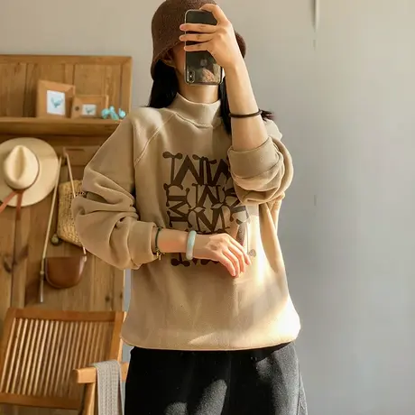 dza 复古印花字母套头双面绒卫衣女秋冬内搭打底上衣宽松高领外套图片