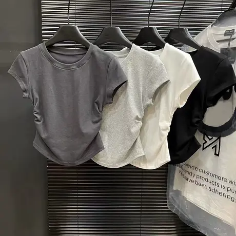 辣妹圆领收腰正肩t恤女上衣夏季新款纯欲内搭不规则打底灰色短袖商品大图
