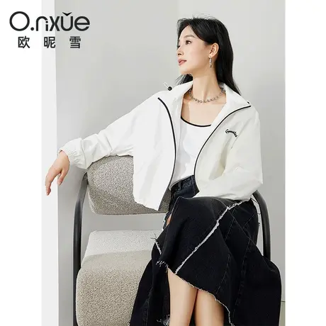 欧昵雪2024春季新款休闲连帽纯棉白色外套女长袖拉链宽松百搭上衣图片