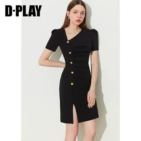 DPLAY夏气质经典黑斜领修身小黑裙不对称捏褶开衩连衣裙图片