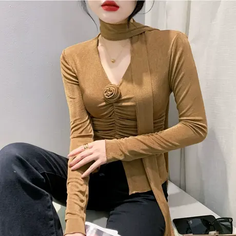 时尚性感V领T恤褶皱花朵拼接设计感长袖开叉修身洋气上衣女小衫潮商品大图
