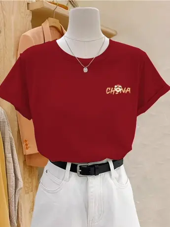 小众百搭国潮短袖t恤女纯棉红色上衣2024龙年本命年宽松正肩体恤商品大图