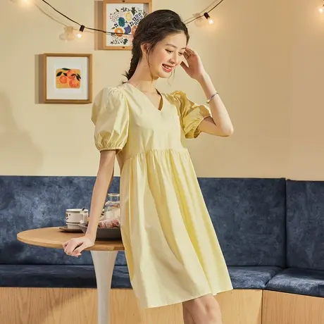 唐狮裙子女夏季黑色连衣裙女夏V领公主裙宽松显瘦泡泡袖甜美女装图片