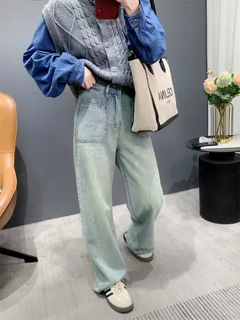 宽松复古阔腿牛仔裤女春季2024年新款高腰显瘦直筒浅色垂感拖地裤图片