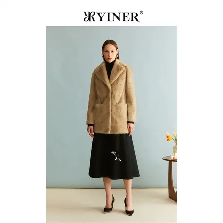 YINER音儿冬季女装一片式绒暖水貂毛皮真皮皮草廓形外套图片