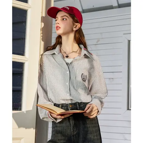 a022025春季新款设计感日系风条纹长袖上衣学院风女式衬衫商品大图